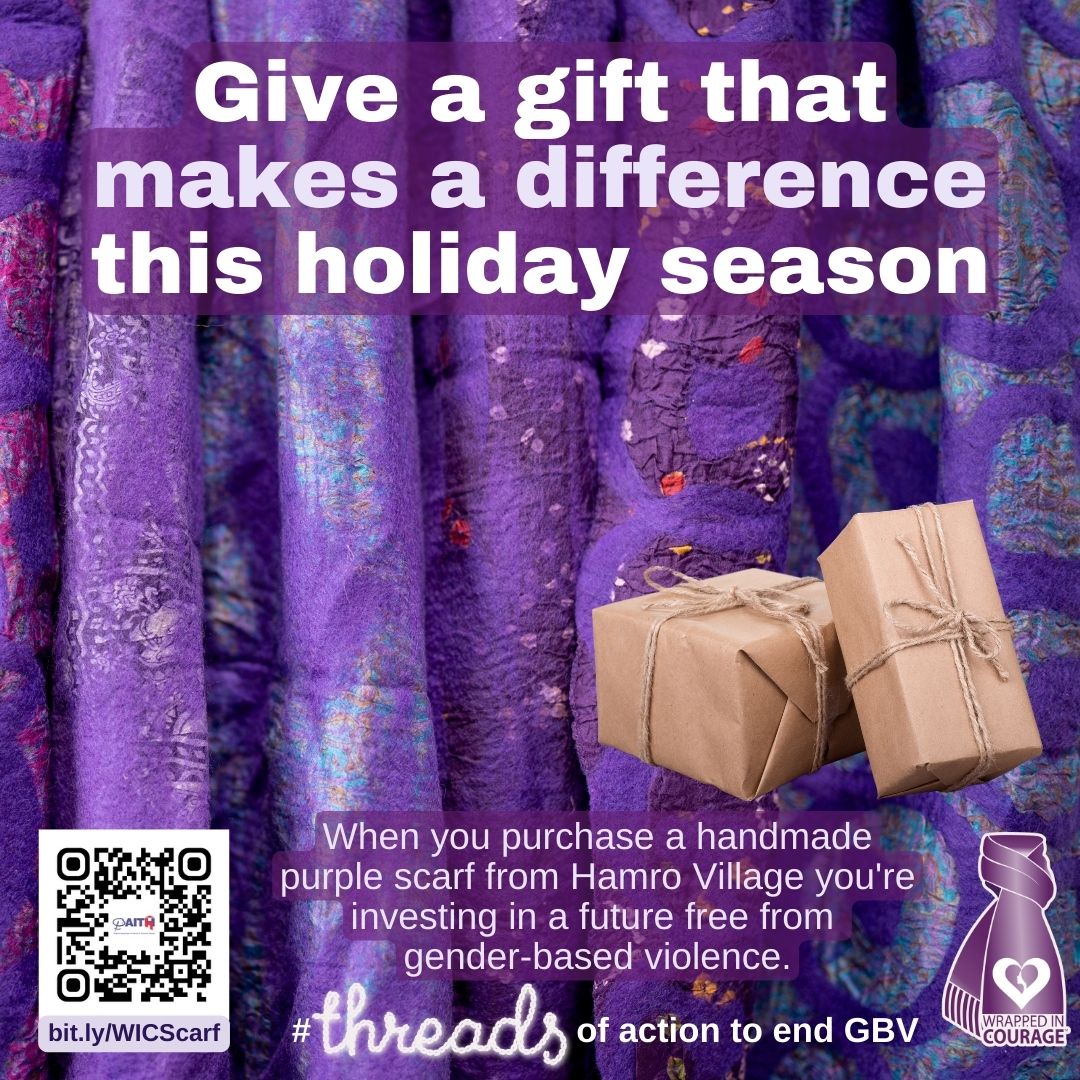 Give a gift that makes a difference this holiday season: the #WrappedinCourage purple scarf from #HamroVillage.

🧣 Purchase your #Fairtrade, Handmade scarves today and become a #ThreadofActiontoEndGBV: 
bit.ly/WICScarf

Learn more: wrappedincourage.ca