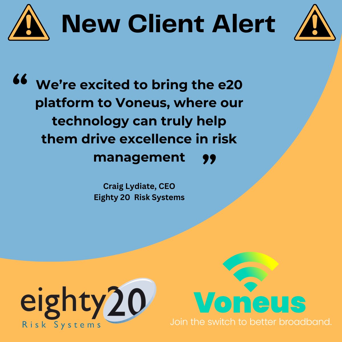 E20Safety's tweet photo. Exciting news! 🚨 Eighty20 Risk Systems has partnered with Voneus to implement our e20 risk management platform. Together, we're revolutionising risk management in the fiber industry. @voneusbroadband 

Learn more: https://t.co/MK19bFinQ3

#riskmanagement #e20 #Voneus #eighty20 https://t.co/vISuQ5GjHi