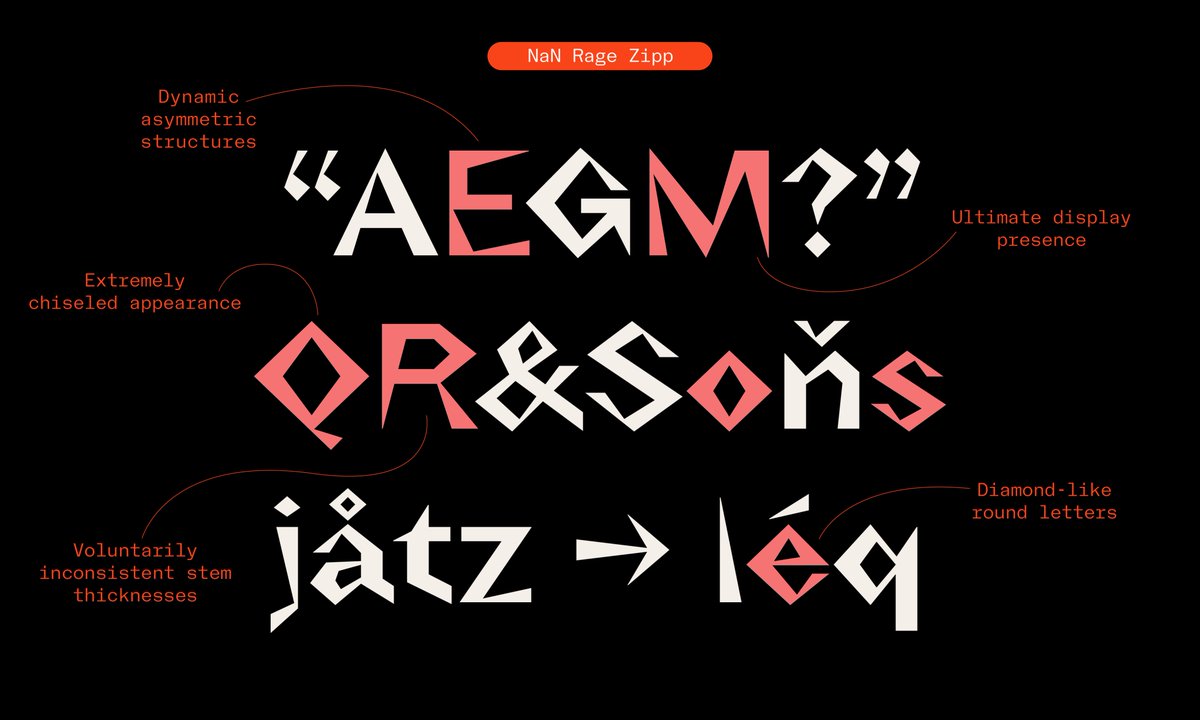 😡 NaN Rage member 7/7 😡

NaN Rage Zipp is an experiment gone wrong, child of the glitch but also of the German expressionist woodcuts.

4 widths * 9 weights = 36 Zippies

nan.xyz/fonts/nan-rage…