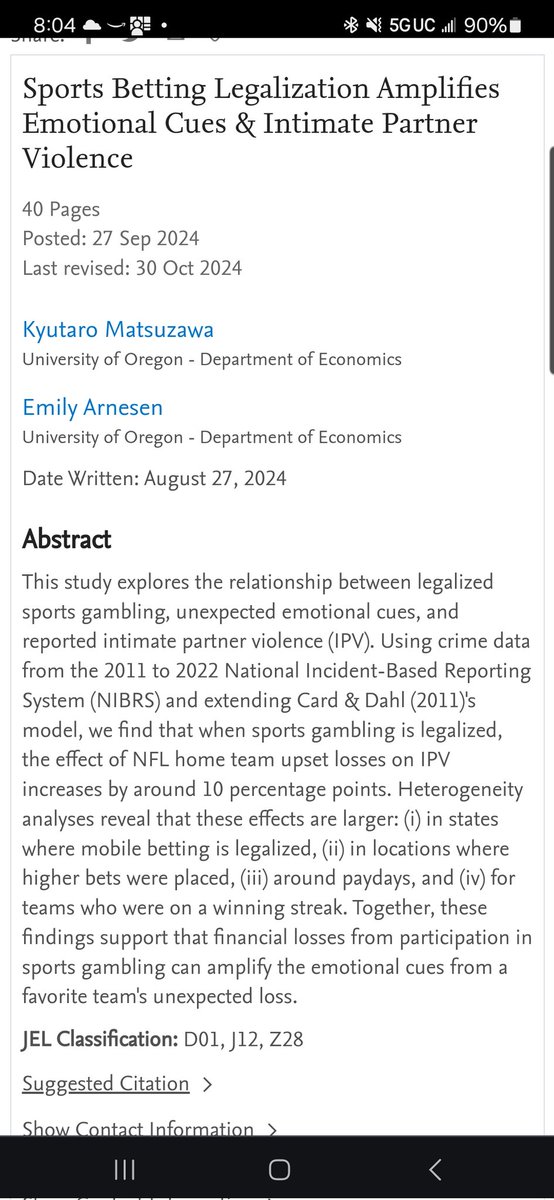 Whoah! In states where sports gambling is legalized, initmate partner violence dramatically spikes when a home NFL team unexpectedly loses.

Gambling is bad for families.

Nice work by <a href="/q_econ/">Kyu Matsuzawa</a> (who is on the market)!!