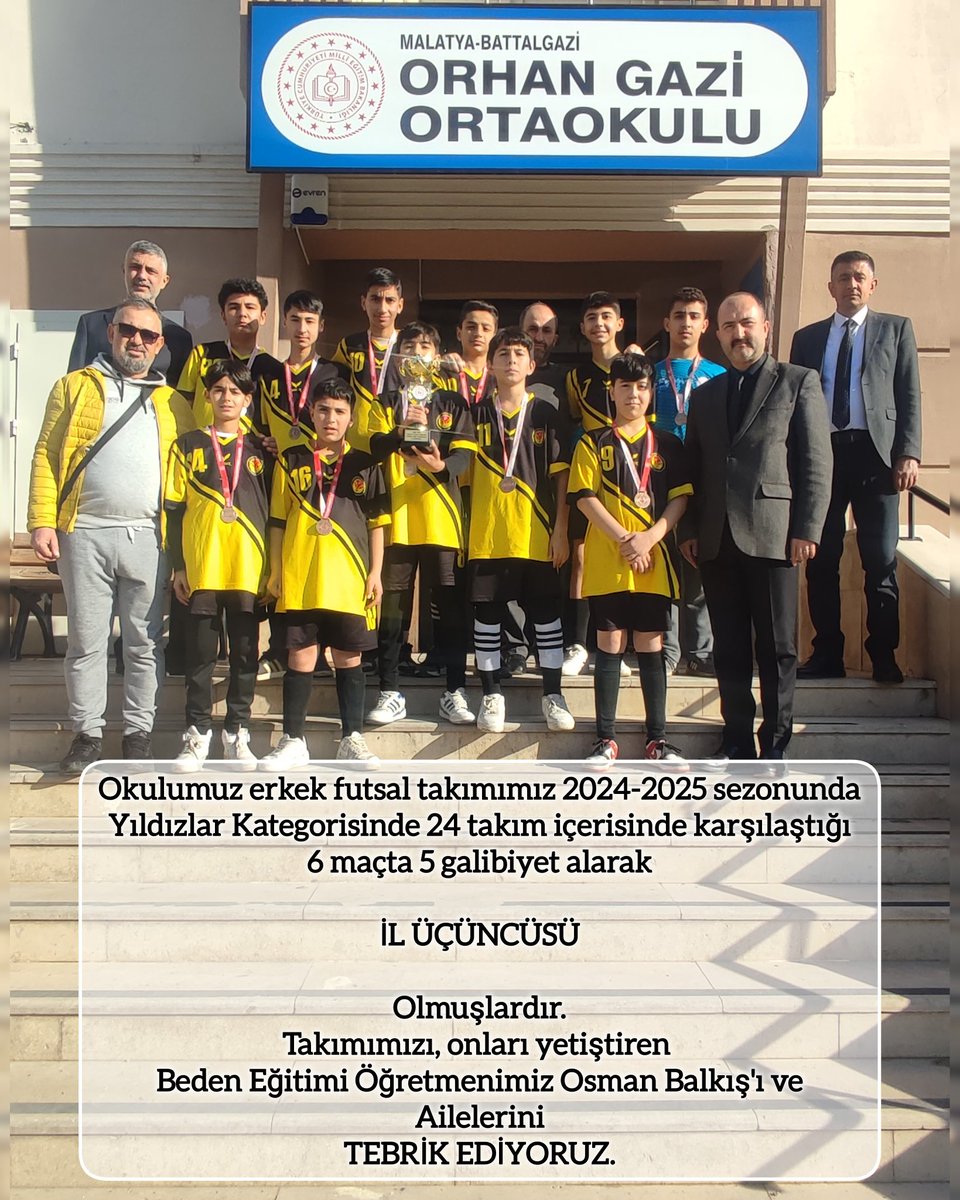 Orhangazim44's tweet photo. Erkek Futsal Takımımız İl 3️⃣. Olmuştur.
Öğrencilerimizi, Beden Eğitimi Öğretmenimiz Osman Balkış'ı ve Ailelerini Tebrik Ederiz.
@MalatyaMem 
@MemBattalgazi 
@behcet_bakir 
@alikacmazz44 https://t.co/Eo0qZra48b