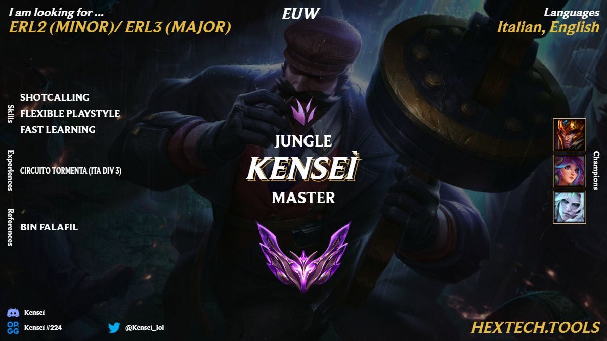 Daniel (@kensei_lol) on Twitter photo I finished this split with Zena Esports now looking for a ERL2 Minor and ERL3 Major team for the upcoming splits.
<a href="/LFTDiscord/">LFT Discord - lol/val/rl</a>
<a href="/LoL_LFT/">LoL Looking For Team ๐ฎ๐น ๐ช๐บ</a>
<a href="/LFT_PL/">LFT POLAND</a>
<a href="/LFT_Mena/">LFT_Mena</a>
<a href="/LFT_LPLOL/">LFT LPLOL</a>
<a href="/lft_prime/">Prime League LFT</a>
<a href="/LoL_LFT_ITA/">LoL LFT ๐ฎ๐น</a> I finished this split with Zena Esports now looking for a ERL2 Minor and ERL3 Major team for the upcoming splits.
<a href="/LFTDiscord/">LFT Discord - lol/val/rl</a>
<a href="/LoL_LFT/">LoL Looking For Team ๐ฎ๐น ๐ช๐บ</a>
<a href="/LFT_PL/">LFT POLAND</a>
<a href="/LFT_Mena/">LFT_Mena</a>
<a href="/LFT_LPLOL/">LFT LPLOL</a>
<a href="/lft_prime/">Prime League LFT</a>
<a href="/LoL_LFT_ITA/">LoL LFT ๐ฎ๐น</a>