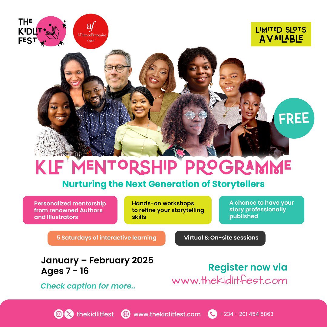 TheKidLitFest (@thekidlitfest) on Twitter photo KLF Mentorship Programme ✍🏾
- Writing
- Illustration
- Editing
- Public Speaking
Mentors: <a href="/UgochinyeluA/">Ugo Anidi :-)</a>, <a href="/MariamLonge/">Mariam Longe</a>, Bunmi Laditan, Dr. Chigozie Mbadugha, @chrishaughton, Olusayo Ajetunmobi, <a href="/namse/">namse udosen</a>, Enajite Efemuaye, <a href="/oluwaseun_ro/">Oluwaseun R. Olusegun</a> <a href="/folustorms/">Folu Storms</a>
📚 KLF
#KLF #TheKidLitFest KLF Mentorship Programme ✍🏾
- Writing
- Illustration
- Editing
- Public Speaking
Mentors: <a href="/UgochinyeluA/">Ugo Anidi :-)</a>, <a href="/MariamLonge/">Mariam Longe</a>, Bunmi Laditan, Dr. Chigozie Mbadugha, @chrishaughton, Olusayo Ajetunmobi, <a href="/namse/">namse udosen</a>, Enajite Efemuaye, <a href="/oluwaseun_ro/">Oluwaseun R. Olusegun</a> <a href="/folustorms/">Folu Storms</a>
📚 KLF
#KLF #TheKidLitFest