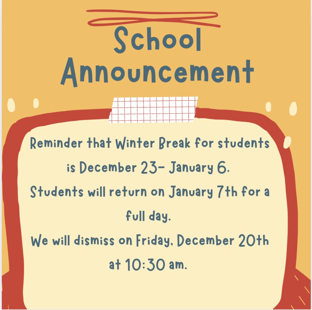 WestViewVols's tweet photo. Reminder that Winter Break for students is December 23- January 6. Students will return on January 7th for a full day. We will dismiss on Friday, December 20th at 10:30 am. https://t.co/DERvSof99u