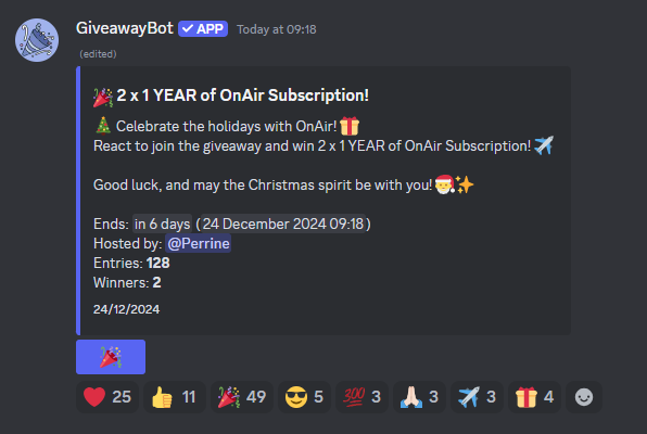 🎄 Christmas Giveaway! 🎁

We’re giving away 2 x 1 YEAR of OnAir Subscription to celebrate the holidays! ✈️✨

🎟️ How to join?
👉 Hop on our Discord and react to the giveaway post!
⏰ Winners announced on Dec 24th 🎅

🎄 Join here 👉 discord.gg/EMnyAKqBvs