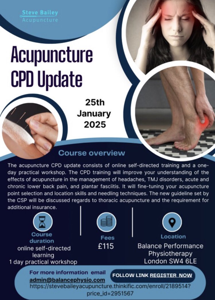 Preparing your professional development for 2025?…….. looking for an Acupuncture course?  <a href="/BalancePhysio/">Balance Performance</a> is hosting Steve Bailey , an acupuncturist registered with the BMAS. 

It will cover the latest updates and changes within this area.