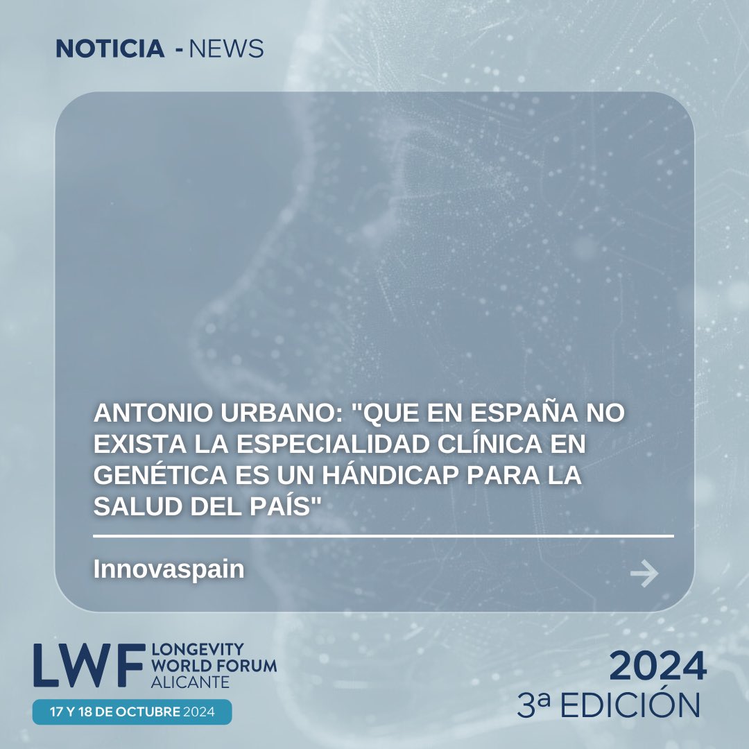 #NewsLWFAlicante

Antonio Urbano: "Que en España no exista la especialidad clínica en genética es un hándicap para la salud del país" #NuumaGenetics

 ➡️Noticia completa aquí
innovaspain.com/antonio-urbano…

 <a href="/Innovaspain/">Innovaspain</a> 

 #LWF2024