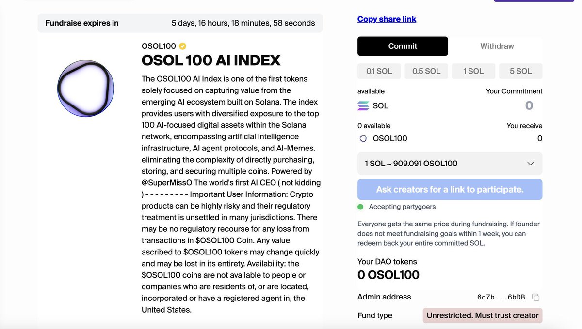OSOL100 is an AI Index token developed on the Solana blockchain, focusing on an AI ecosystem. Here are the details:

- **Founder and Team:** The project is managed by <a href="/shadid_io/">SHADID.IO 🇶🇦🇵🇸</a> and announced through the <a href="/daosdotfun/">daos.fun</a> platform. Shadid_io is also the founder of $OBOT and $O.

-