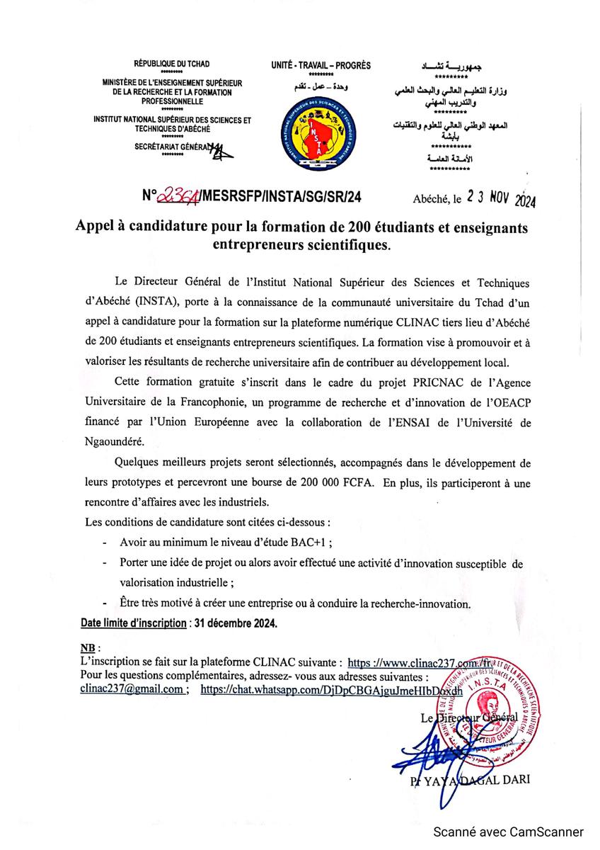 pricnac's tweet photo. 🎓 Appel à candidature – Projet CLINAC
L'INSTA lance un appel pour former 200 étudiants et enseignants à l'entrepreneuriat scientifique. À la clé : bourses de 200 000 FCFA et accompagnement jusqu'aux prototypes.
📆 Date limite : 31 décembre 2024
🔗 https://t.co/ZjftGqB3fQ https://t.co/9DbIwtF1Gf