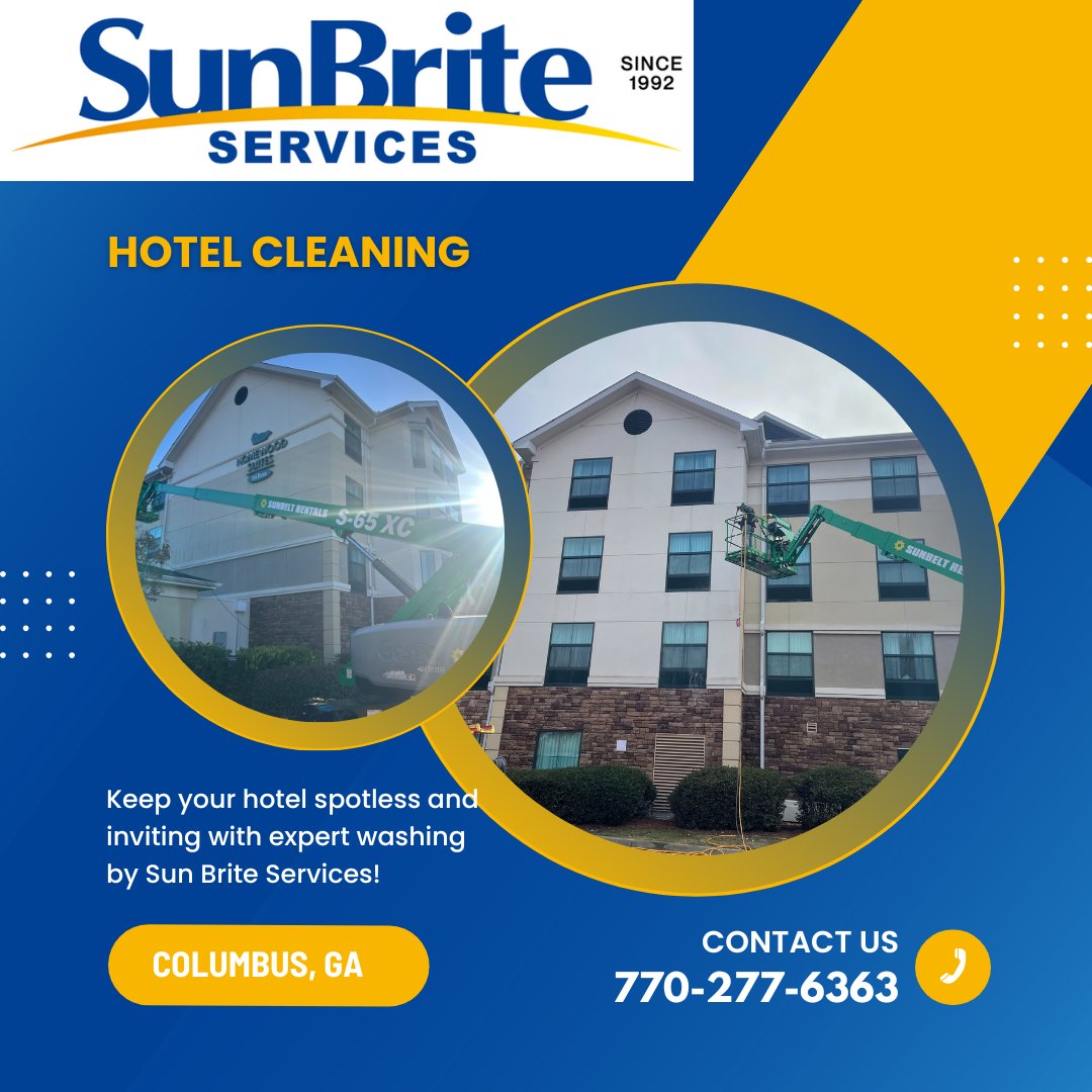 SunBriteClean's tweet photo. Sparkling clean hotels in Columbus, GA! ✨  Sun Brite Services tackles grime with expert pressure washing &amp; drone cleaning.  #SunBriteServices #ColumbusGA #HotelCleaning #PressureWashing https://t.co/4d8Tp9Vhlk