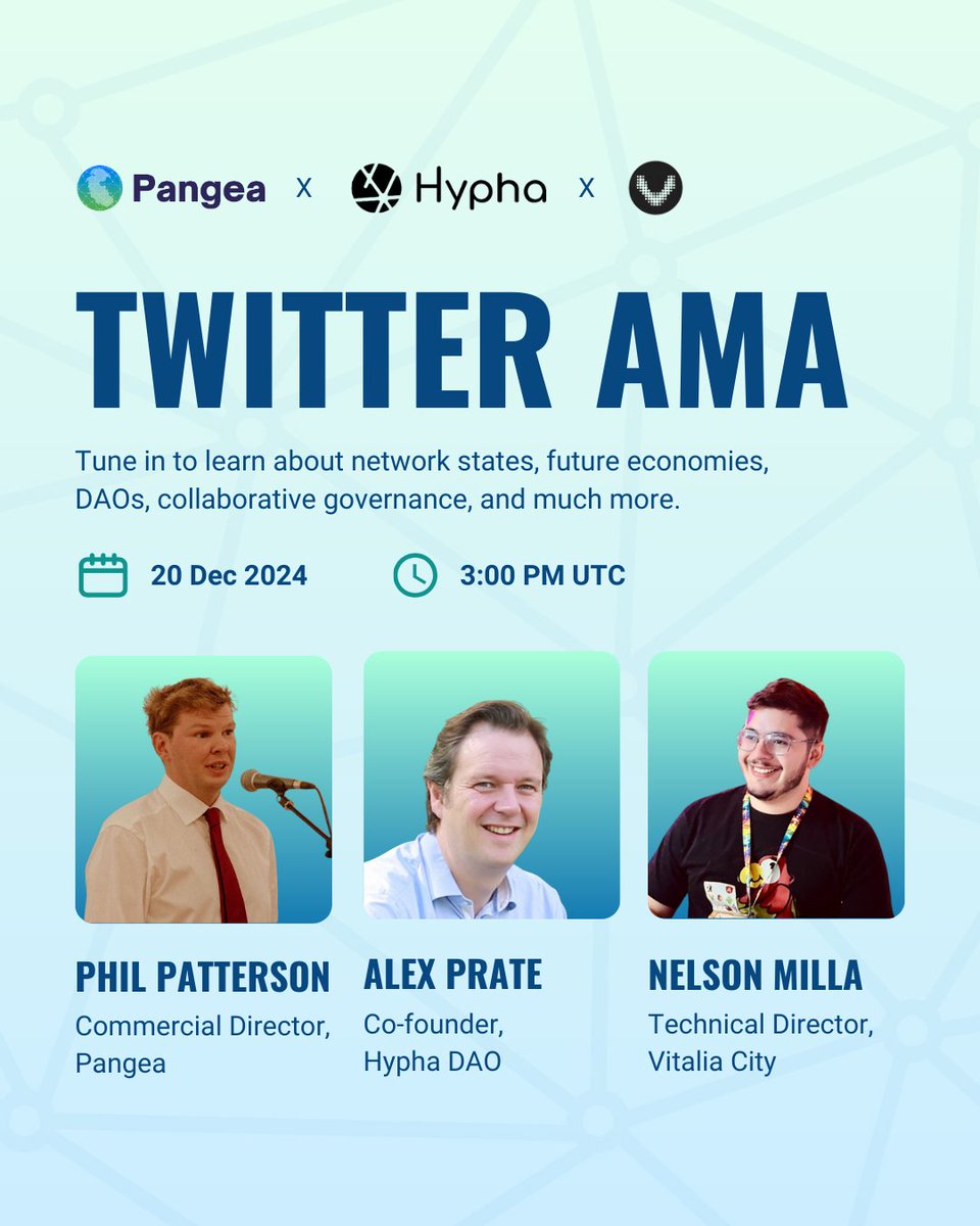 Tonomy (prev. Pangea) (@tonomyio) on Twitter photo Major alpha will be dropped in our upcoming AMA as our commercial director - <a href="/PhilPatterson2/">Phil Patterson</a>, joins <a href="/alexprate/">Alex Prate</a> from <a href="/HyphaDAO/">Hypha DAO</a>, and <a href="/_nelsonmilla_/">Nelson Milla 📍Infinita</a> from <a href="/VitaliaCity/">Vitalia City</a> to explore the future of governance, network states, and collaborative economies! 🙌🏼
📅 Date: December 20, 2024
⏰ Major alpha will be dropped in our upcoming AMA as our commercial director - <a href="/PhilPatterson2/">Phil Patterson</a>, joins <a href="/alexprate/">Alex Prate</a> from <a href="/HyphaDAO/">Hypha DAO</a>, and <a href="/_nelsonmilla_/">Nelson Milla 📍Infinita</a> from <a href="/VitaliaCity/">Vitalia City</a> to explore the future of governance, network states, and collaborative economies! 🙌🏼
📅 Date: December 20, 2024
⏰