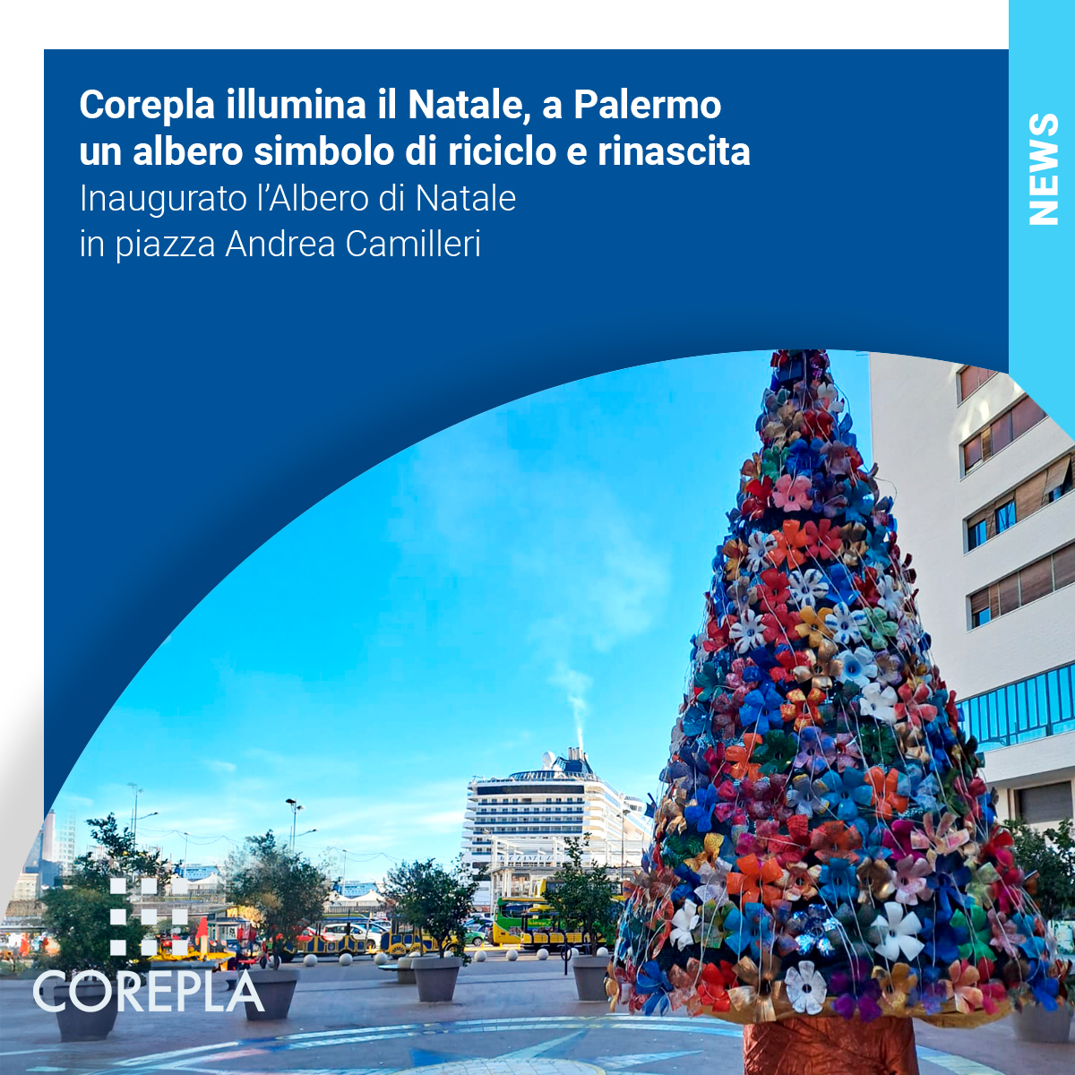Corepla_Riciclo's tweet photo. Un albero di #Natale simbolo di rinascita e #sostenibilità🎄✨ Inaugurato questa mattina a #Palermo, in piazza Andrea Camilleri, l’albero alto 3 metri decorato con 450 bottiglie di plastica realizzato grazie alla collaborazione tra #COREPLA, il @ComunePalermo, @RapPalermo e i ragazzi dell’Istituto Penale per i Minorenni di Palermo “Malaspina”. Ogni bottiglia, lavorata e dipinta a mano dai giovani dell’IPM, si è trasformata in un fiore colorato, raccontando la possibilità di una seconda vita dei materiali, dove anche il rifiuto può rinascere in qualcosa di prezioso.
L’iniziativa rientra nell’impegno costante di COREPLA per sensibilizzare i cittadini sull’importanza del #riciclo e del #recupero degli #imballaggi in #plastica♻️
👉https://t.co/xsBAvVjJON