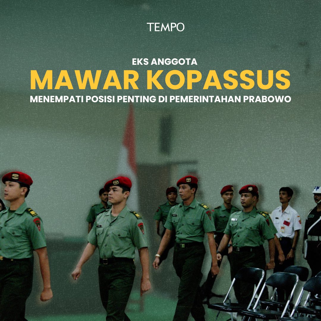 Orang-orang dekat Prabowo Subianto yang dulu pernah jadi bagian dari Tim Mawar kini mengisi jabatan penting di pemerintahan. 

Siapa saja?🤷‍♀️

| Tempo Thread