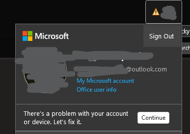 YeahRrrrright's tweet photo. @MicrosoftHelps @Office There is a yellow warning sign and a "There's a problem with your account or device" line in all office apps, but when you click "continue" nothing happens... https://t.co/6ijlaV0PpU