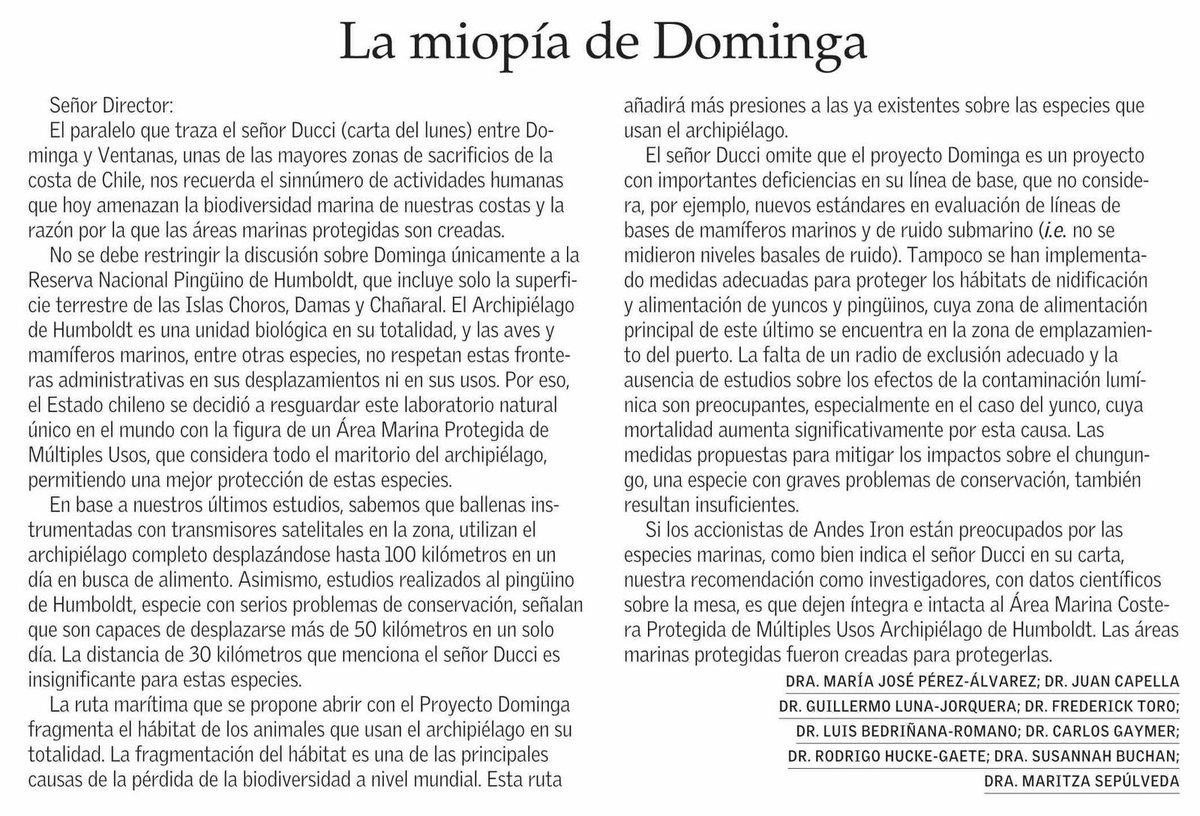 [CartaAlDirector] de El Mercurio.
Compartimos la carta enviada por grupo de investigadores, incluidos <a href="/susiebuchan/">susie</a> y <a href="/BedrinanaLuis/">Luis Bedriñana Romano🌳</a> de nuestro centro en respuesta a Pedro Ducci que envió una carta defendiendo al proyecto Dominga