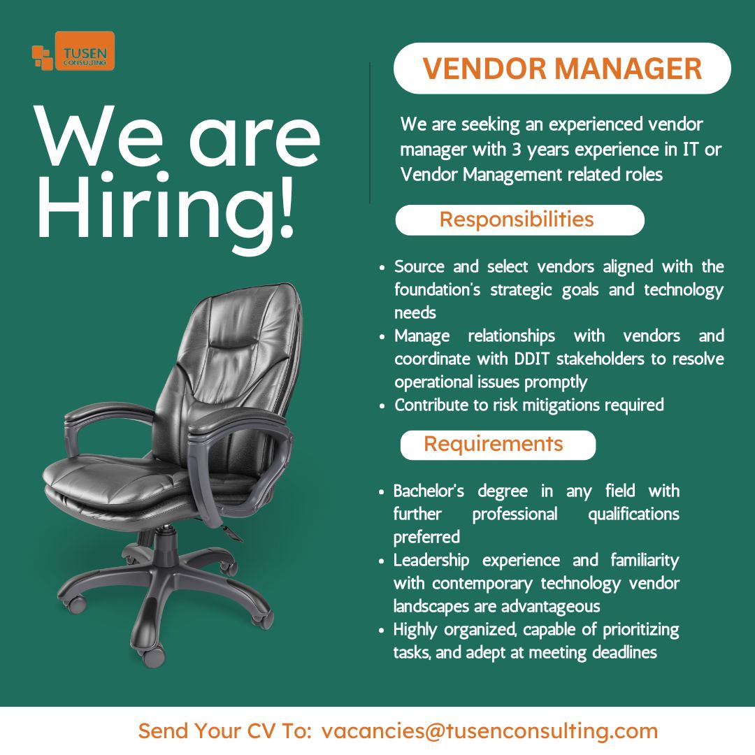 TusenConsulting's tweet photo. 📢 New Opportunity Alert! 🚀
Tusen Consulting is Hiring a Vendor Manager!

If you have leadership skills, 3+ years of experience in IT or Vendor Management, and a knack for building strong vendor relationships, this is for you!

📩 Apply now: vacancies@tusenconsulting.com https://t.co/iWWJIF5HN0