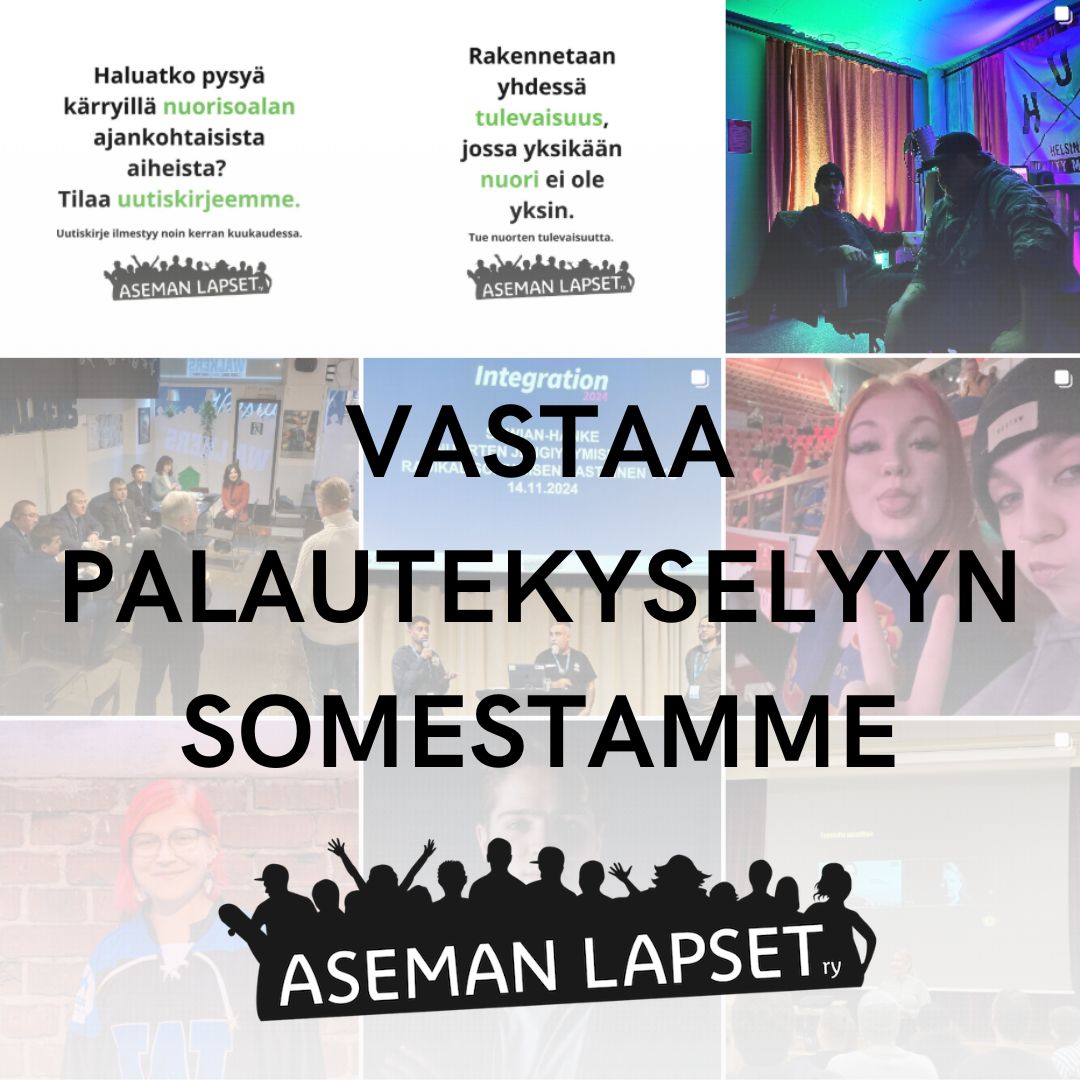 Haluaisimme kuulla, missä kanavissa seuraat Aseman Lasten sisältöä ja mitä mieltä siitä olet. Vastaa palautekyselyyn! 💛 

Voit auttaa meitä kehittämään viestintäämme – ja olet mukana 50 euron S-ryhmän lahjakortin arvonnassa! 

Kysely: link.webropol.com/s/somepalalaut… 

#AsemanLapset