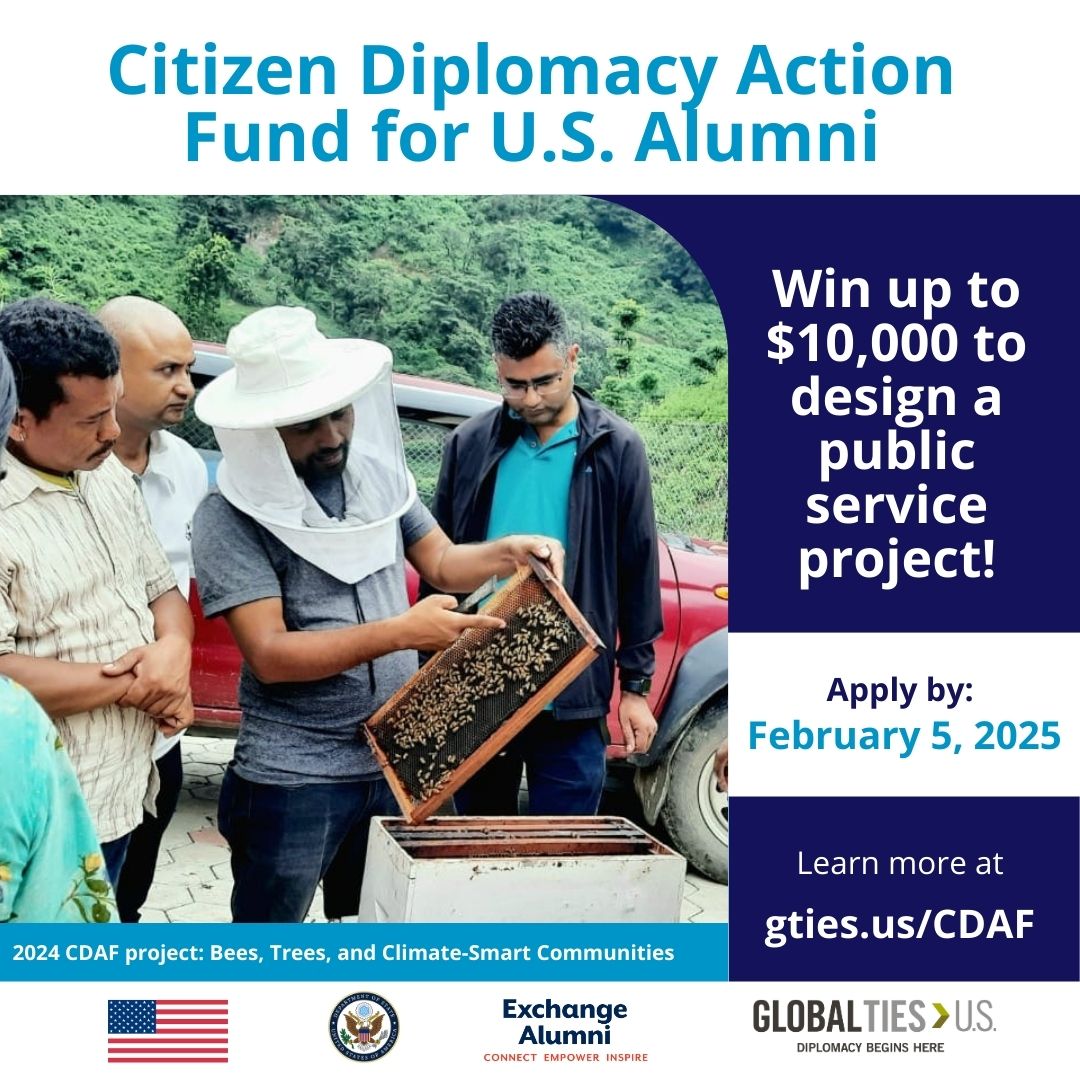 The 2025 Citizen Diplomacy Action Fund (#CDAF) for U.S. #ExchangeAlumni is now open. Win up to $10,000 to design a community service project related to #cdaf2025 themes. Spread the word, learn more, and apply by Wednesday, February 5 at gties.us/CDAF
