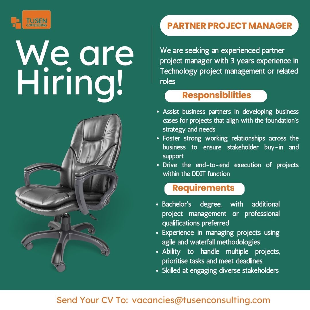 TusenConsulting's tweet photo. 📢 We're Hiring! 🚀
Looking for your next big opportunity as a Partner Project Manager? 
If you’ve got 3+ years of experience in tech project management and a passion for driving results, this role is for you.
📩 Apply now: vacancies@tusenconsulting.com

#WeAreHiring https://t.co/SPhobaJIZm