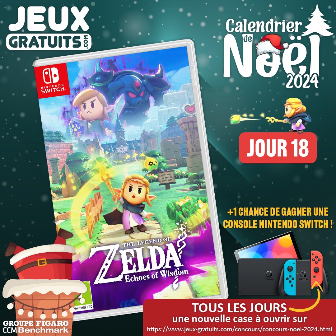CALENDRIER DE NOËL 2024 🎄🎁
JOUR 18 : #PapaNoelJG te fait gagner le jeu "The Legend of Zelda : Echoes of Wisdom" !

Tenter ta chance, c'est aussi participer au tirage au sort pour remporter la  console Nintendo Switch ! 🎅

➡ RDV sur jeux-gratuits.com/concours/conco…
➡ RT #ConcoursJG