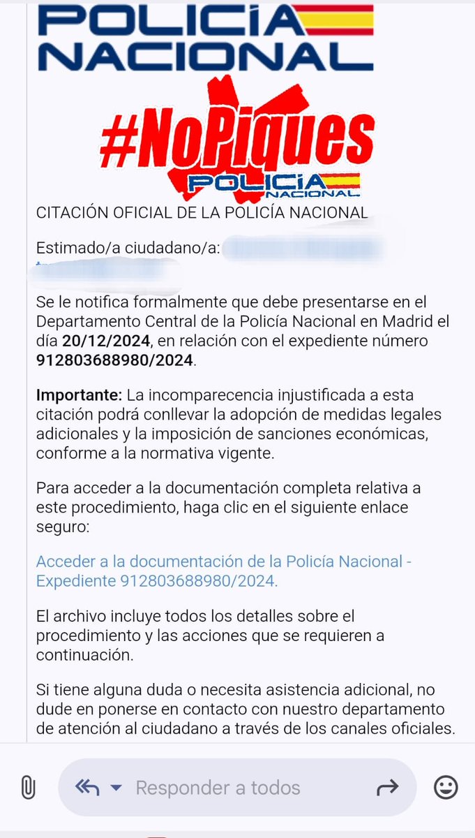 ⚠️ES FALSO⚠️

❎Se quieren aprovechar de tu confianza en la <a href="/policia/">Policía Nacional</a> para robar tus datos

📩Si te llega este email➡️ elimínalo sin abrir ningún enlace

🔀RT para que nadie pique

#NoPiques
