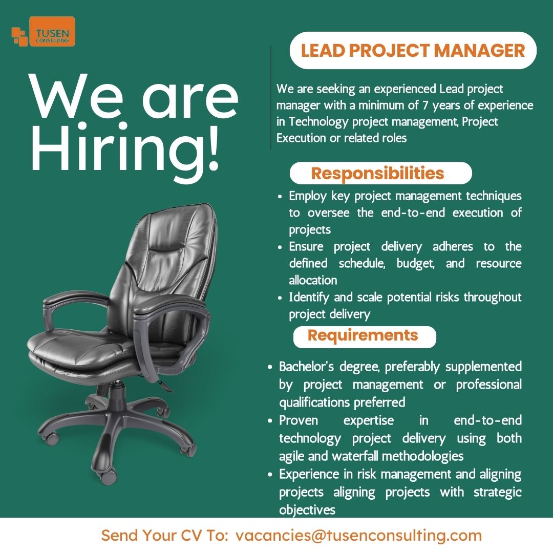 TusenConsulting's tweet photo. 🚀 We’re Hiring a Lead Project Manager! 🎯
Do you have 7+ years of experience in technology project management and a proven track record of delivering results? This is YOUR chance to lead impactful projects with Tusen Consulting!

📩 Send your CV to: vacancies@tusenconsulting.com https://t.co/yGozZaH62E