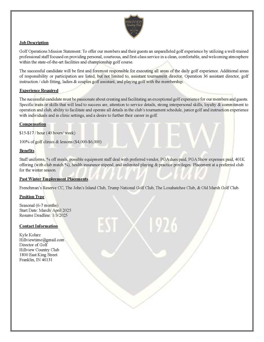 We are hiring for the upcoming season! Please reach out to me if you are interested to join a great team for 2025!!