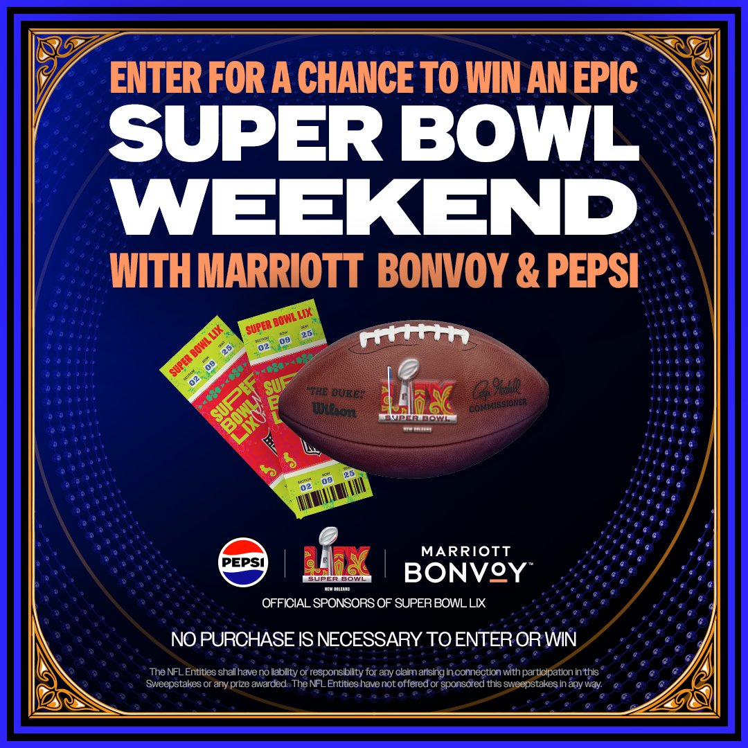 ⏳ Last chance to enter for your chance to win an Epic Super Bowl LIX experience brought to you by Official Sponsors, Marriott Bonvoy® &amp; PEPSI! Enter now &amp; the trip of a lifetime, hotel stay, tickets, swag &amp; more could be yours 🏈 + over 100 other prizes to be awarded!