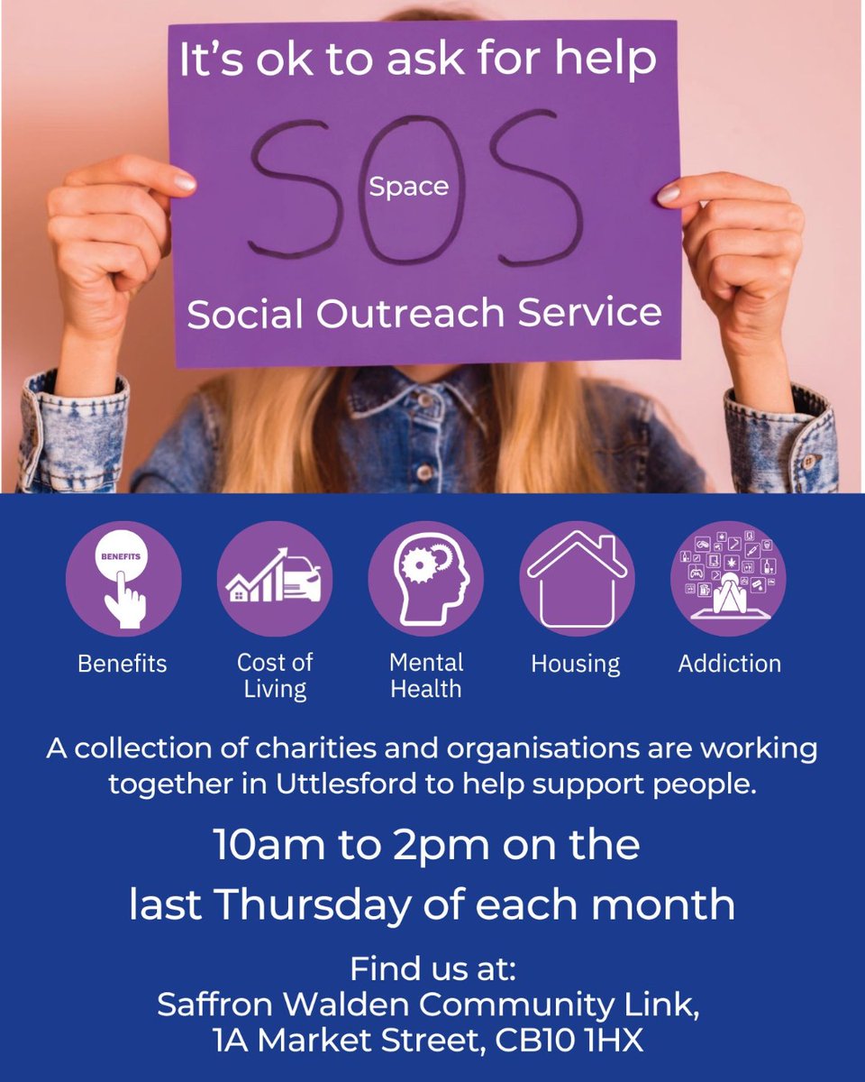 The next Saffron Walden Social Outreach Service will be tomorrow, Thursday, 19 December, 10am to 2pm.

Saffron Walden Community Link - Market Street, Saffron Walden.

orlo.uk/kTmgt