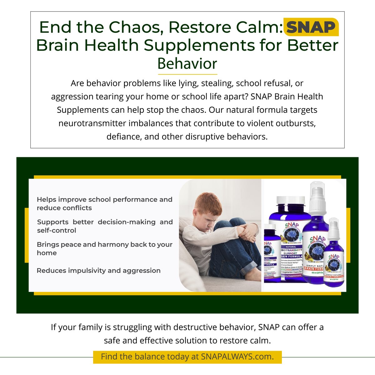 SNAP4ADHD's tweet image. End the chaos: Try SNAP Brain Health Supplements to tackle defiance, aggression, and school refusal naturally. Balance neurotransmitters for better decision-making and self-control. Restore peace at home and school.

#BetterBehavior #ParentingHelp  #BrainHealthMatters