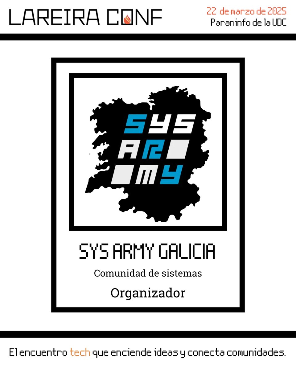 LareiraConf's tweet image. 💻 @sysarmygal es uno de los organizadores del #LareiraConf25
@sysarmy Galicia es algo más que una comunidad; es un punto de encuentro para los profesionales de IT y de sistemas, donde pueden compartir dudas, experiencias o simplemente charlar y pasarlo bien.
