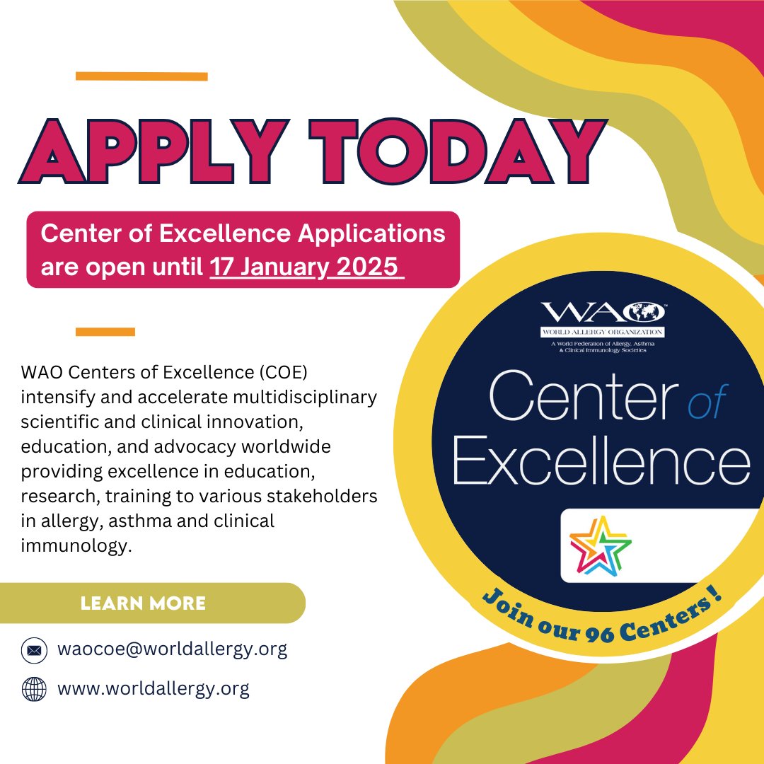 Apply to become a #WAO #Center of #Excellence to intensify and accelerate multidisciplinary scientific and clinical innovation, education, and advocacy worldwide  in allergy, asthma and clinical immunology. surveymonkey.com/r/NTFPH2P