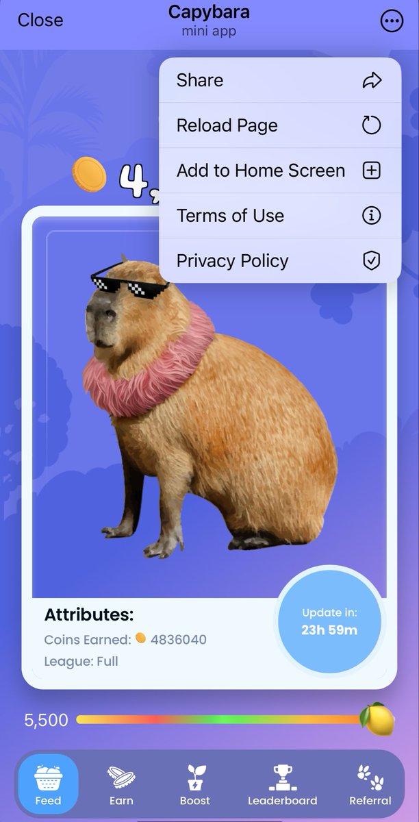 capybaraonsui's tweet photo. Easiest way to remember the daily check-ins for CAPYBARAS 📣

Open the app -> Click on three dots in the corner -> Add to Home Screen -> Your Home Screen should now have a cute capybara icon ready for daily check-ins! 

There you go! Keep it short, snappy, Capy &amp; be Happy 😜 https://t.co/rxRGYSpbi9