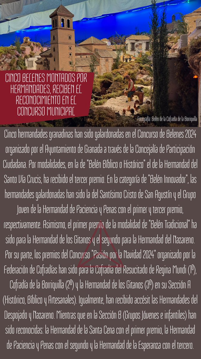 _EBambalinas's tweet photo. Cinco hermandades reciben el reconocimiento del @aytogr por el montaje de sus belenes.

Toda la información junto con los premiados en el Concurso "Pasión por la Navidad" de la @Fedcofrgr ⤵️

|#AyR_EB|#SAyC_EB|#PyP_EB|#CyS_EB|#NyM_EB|#Federacion_EB| https://t.co/vTmtcARy4I
