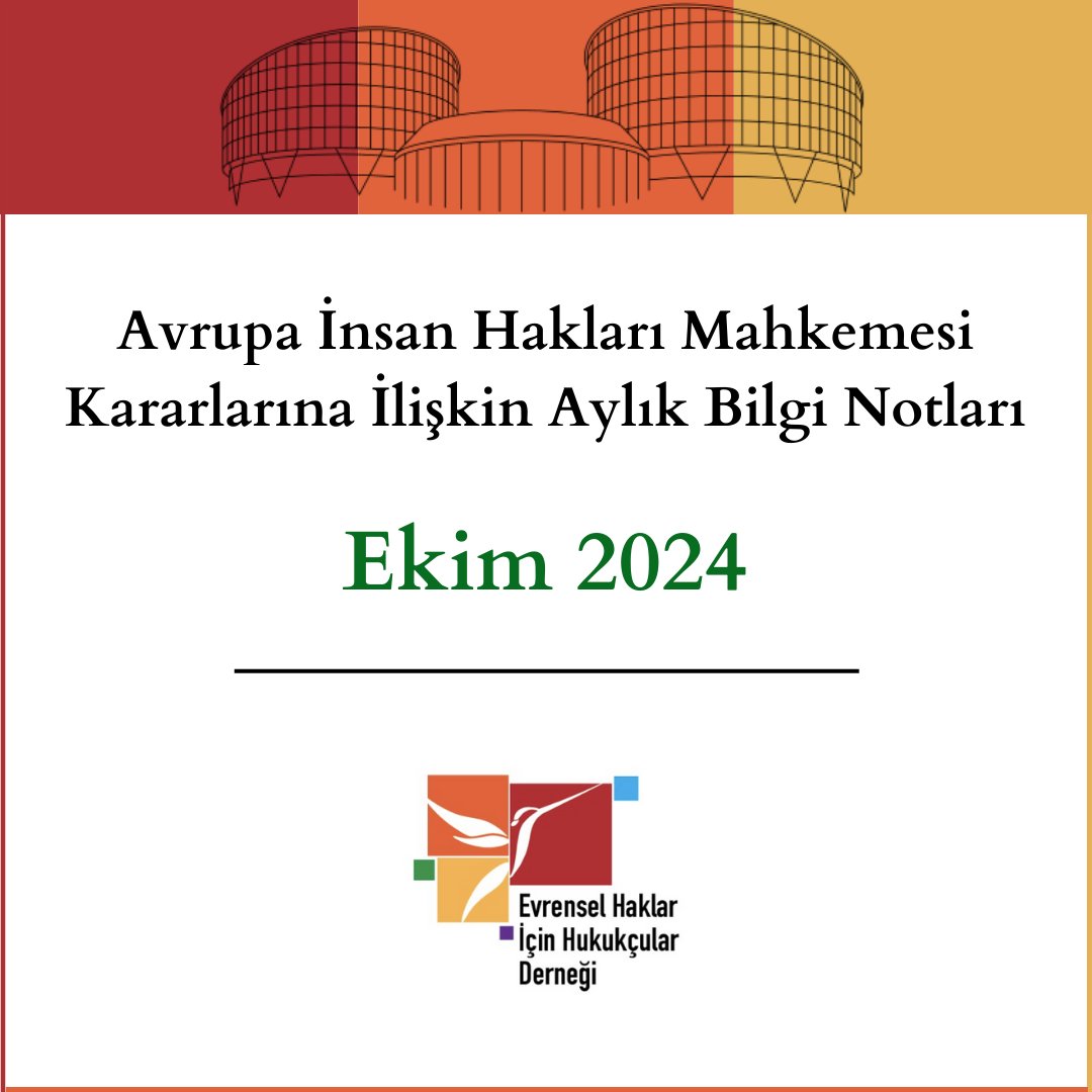 evrensel_haklar's tweet photo. Avrupa İnsan Hakları Mahkemesi’nin, Ekim ayında Daire ve Büyük Daire formasyonunda esasa ilişkin verdiği kararlardan 30'unu yüksek ve orta öneme sahip karar olarak tasnif etti. EHHD olarak bu kararlar hakkında Türkçe bilgi notları hazırladık.
İyi okumalar dileriz.
 #humanrights https://t.co/pV2Nqhp9B6