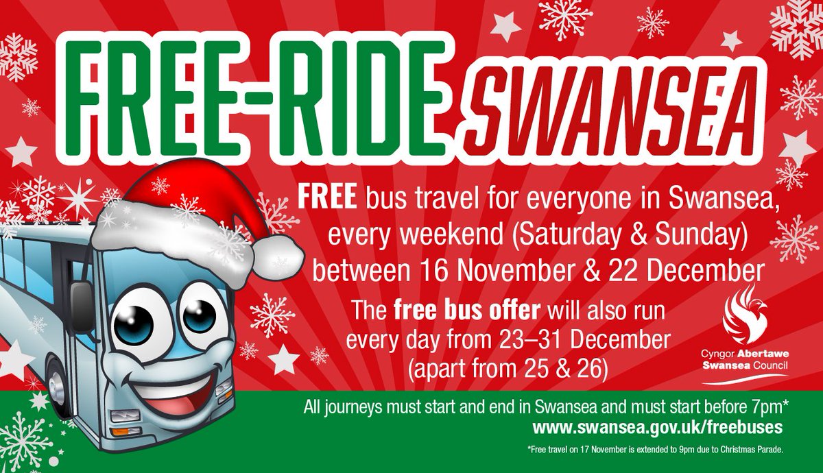 SwanseaMAD's tweet photo. This weekend and between 23-31 December (apart from 25&amp;26) the Free-ride Swansea bus offer is running. Travel anywhere in the city for free up until 7pm. https://t.co/MZCPLDChxg

@SwanseaCouncil https://t.co/dmL8UcKKIJ