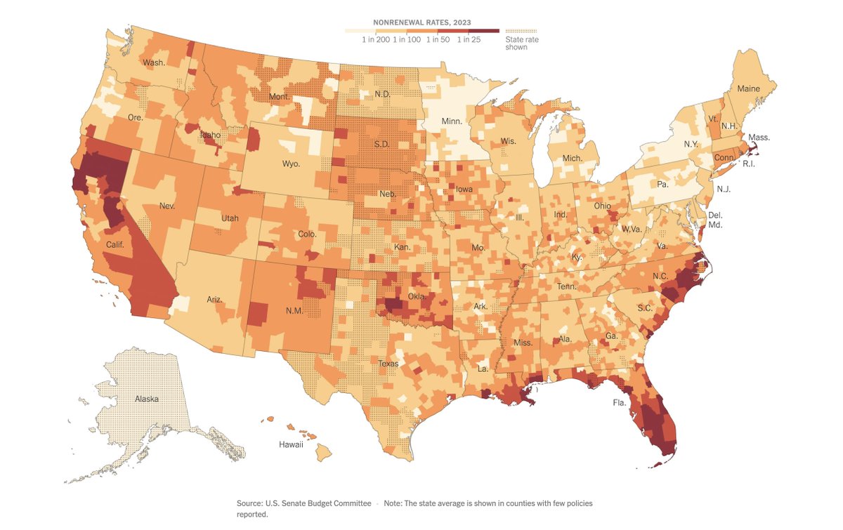 Some shocking figures from the latest Congressional report on climate change and insurance.

Since 2018, more than 1.9 million home insurance contracts nationwide have been dropped. 

In more than 200 counties, the nonrenewal rate has tripled or more.