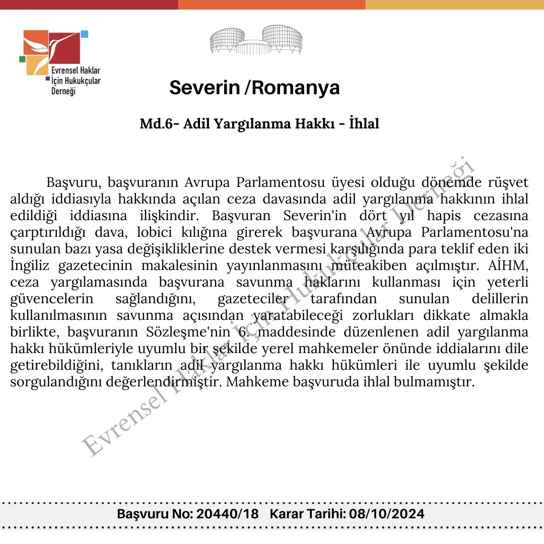 evrensel_haklar's tweet photo. Avrupa İnsan Hakları Mahkemesi’nin, Ekim ayında Daire ve Büyük Daire formasyonunda esasa ilişkin verdiği kararlardan 30'unu yüksek ve orta öneme sahip karar olarak tasnif etti. EHHD olarak bu kararlar hakkında Türkçe bilgi notları hazırladık.
İyi okumalar dileriz.
 #humanrights https://t.co/pV2Nqhp9B6