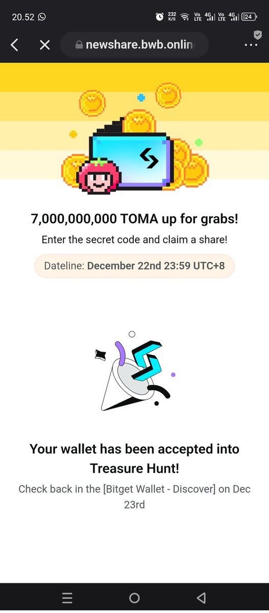 $toma asw 

kemarin Treasure hunt nya 19 desember, skrg d undur ke 25 desember setelah listing + d suruh hold minim 5$ d wallet untuk hadiah tambahan 🗿🗿
