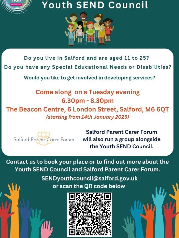 #Salford SEND Youth Council will be starting from 14th January 2025, weekly on a Tuesday, 6.30pm – 8.30pm at the Beacon Centre - Email SENDyouthcouncil@salford.gov.uk for more info #SEND #SALFORD