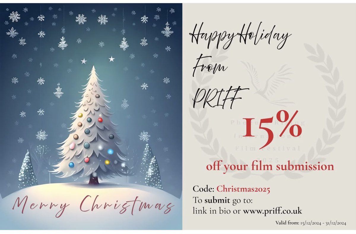We're kicking off the holiday season with a 15% discount off our Super Early Bird Submission fee!

Use discount code: Christmas2025

filmfreeway.com/PhoenixRisingI…

We can't wait to see your films!!

 #IndieFilms #SupportIndieFilm #FilmLovers #shortfilm #shortfilmfestival #PRIFFUK