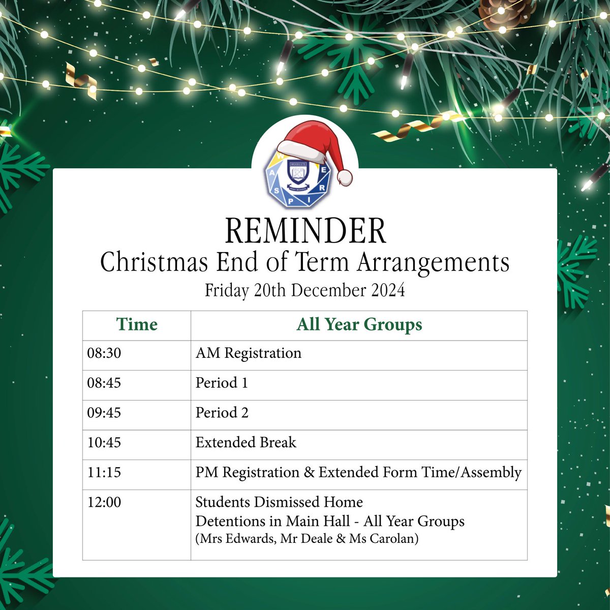 A reminder of our Christmas End of Term Arrangements for Friday 20th December 🎄 

#WeAreWoodcote #ASPIRE