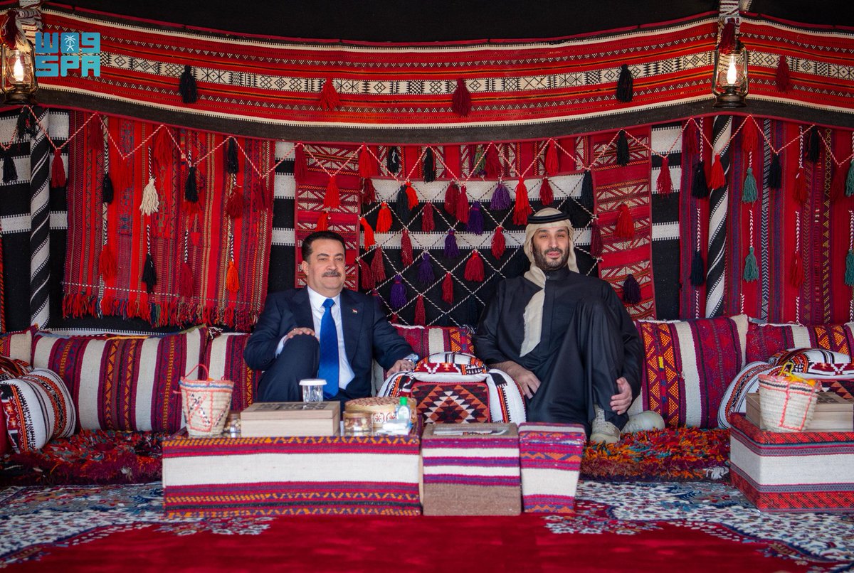 arabnews's tweet photo. #PHOTOS: Saudi Crown Prince Mohammed bin Salman receives Iraq's Prime Minister Mohammed Shia Al-Sudani in #AlUla https://t.co/zfBsq9PUsu https://t.co/lvOgrul7DY
