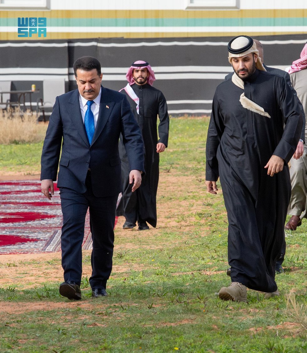 arabnews's tweet photo. #PHOTOS: Saudi Crown Prince Mohammed bin Salman receives Iraq's Prime Minister Mohammed Shia Al-Sudani in #AlUla https://t.co/zfBsq9PUsu https://t.co/lvOgrul7DY