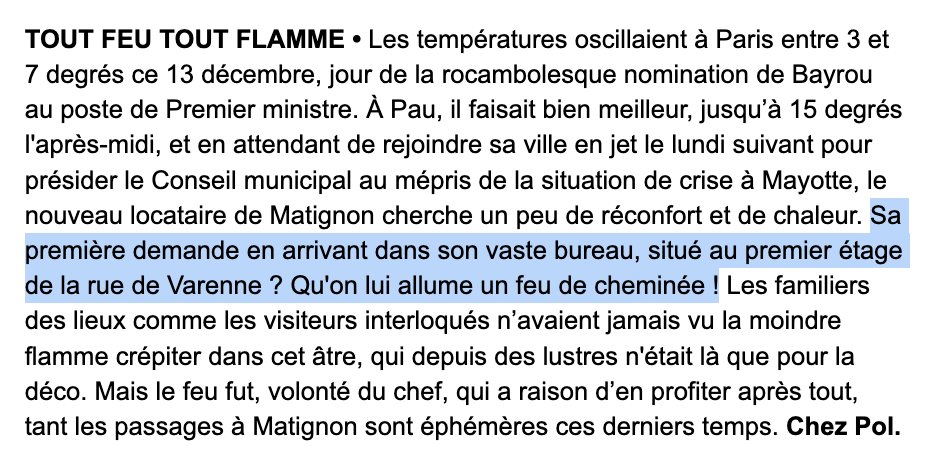 🔥 Cette anecdote lunaire de <a href="/chez_pol/">Chez Pol</a> sur <a href="/bayrou/">François Bayrou</a>. Ça va finir en « ralliez-vous à mon panache blanc », pour la déclaration de politique générale