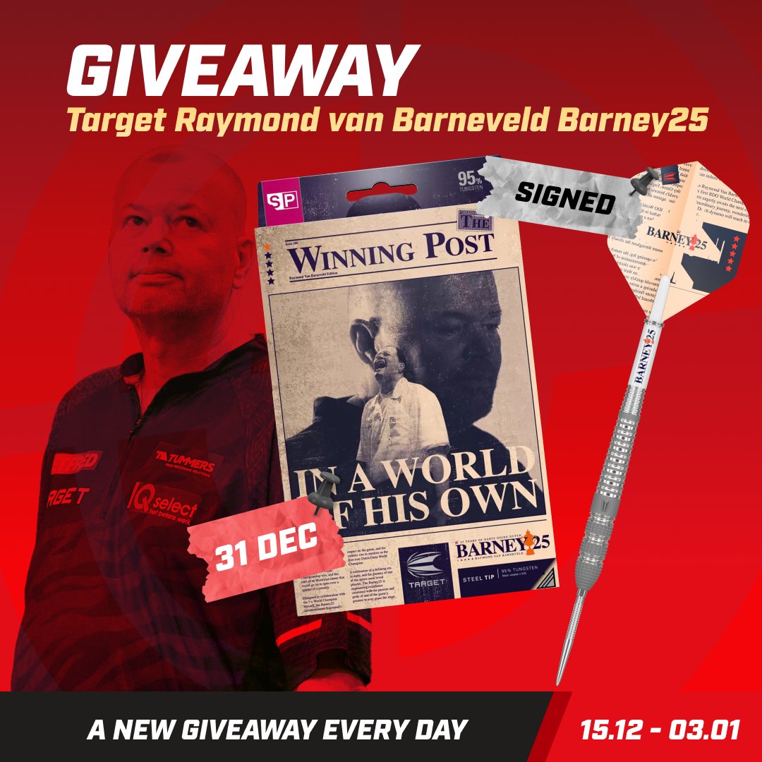 🚨 GIVEAWAY: Win signed Barney25 darts! 🎯

How to enter:
1️⃣ Like our post on Instagram, Facebook, or X ❤️
2️⃣ Comment your preferred weight!

Tag a Barney fan! 🏆
Ends: Dec 31, 2024. Winner chosen from 1 of our social channels.

#Giveaway #Darts #Target