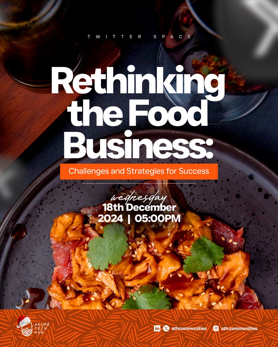 Join our Food Business Twitter Space today at 5 PM!🥘

Link: x.com/i/spaces/1zqKV…

Let's discuss challenges &amp; strategies. Don't miss out!🎙️

#FoodBusiness #BusinessTalks #AkureTechHub
