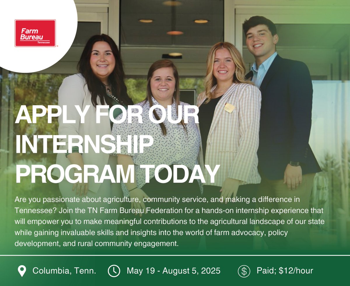 ATTN: College students looking for a valuable, engaging and agriculture-focused internship! Deadline to apply is December 30, 2024.

Application ➡️ tnfarmbureau.org/internship-pro…

#TNFarmBureau I #FBProud