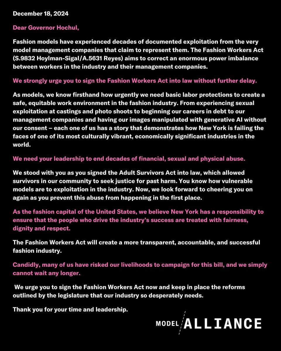 Today, I joined hundreds of models to urge <a href="/GovKathyHochul/">Governor Kathy Hochul</a> to sign the #FashionWorkersAct, legislation that would provide essential labor protections for models. 

Join us <a href="/ModelAllianceNY/">Model Alliance</a> by amplifying this letter and tagging <a href="/GovKathyHochul/">Governor Kathy Hochul</a>.