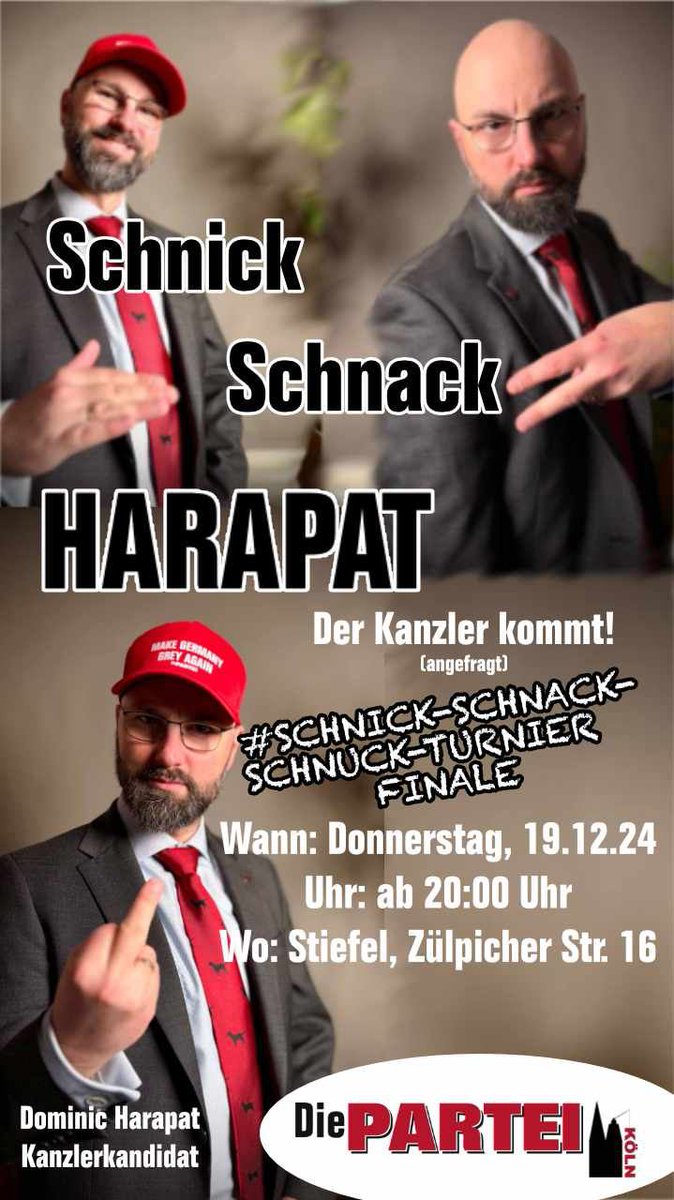 Nachdem aus unseren Reihen schon einmal ein Finalsieger hervorgegangen ist, sind wir dieses Jahr wieder dabei beim Schnick-Schnack-Schluck-Finale im Stiefel! Schnick-Schnack-<a href="/D_Harapat/">Dominic Harapat</a> für unseren Kanzlerkandidatensieger zur Bundestagswahl 2025. Kommet und bringt Unterschriften.